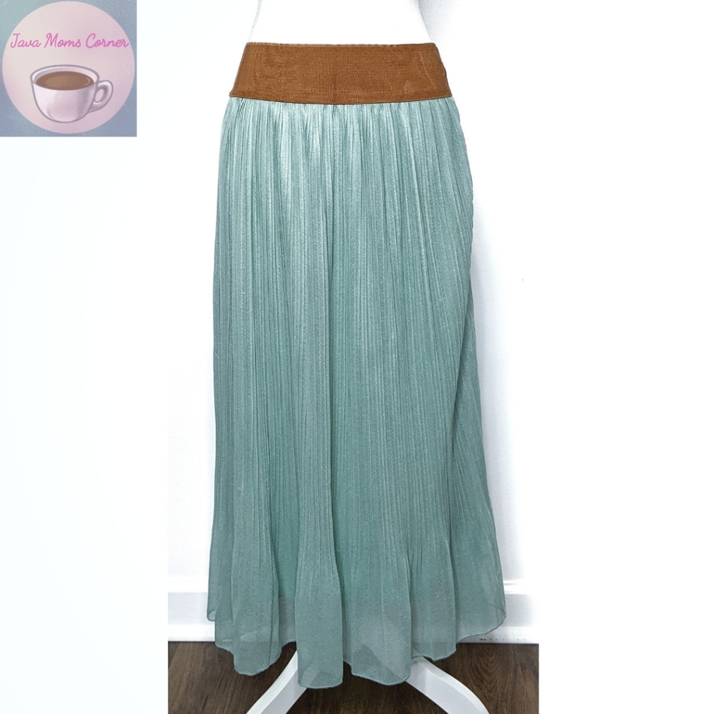 Rachel Rose Boho Maxi Skirt Lace Overlay Metallic Green Size S